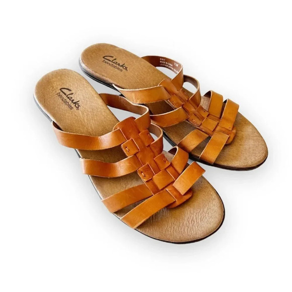 Clarks Bendables‎ Light Brown Tan Leather Heeled Sandals Size 7.5 Women’s Summer - Picture 1 of 10